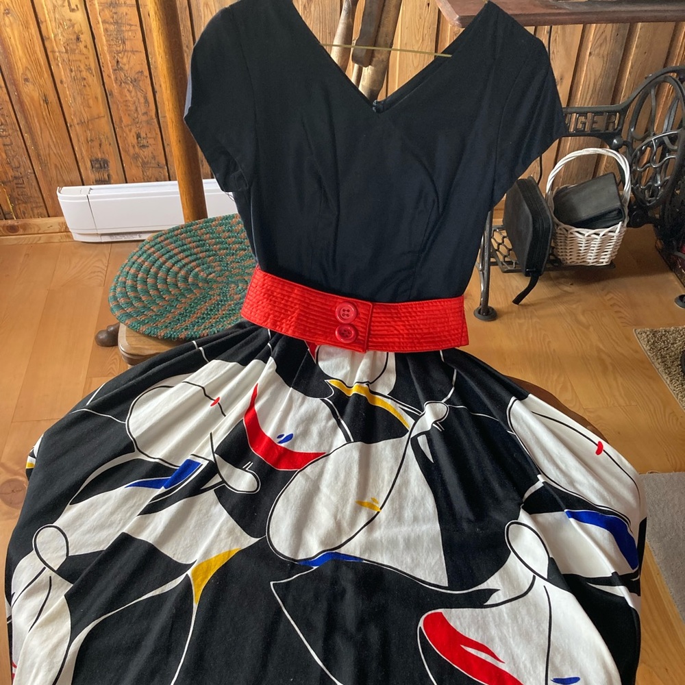 Act I Black Top Party Dress, Red Belt, Skirt Multicolour Bright Abstract Design